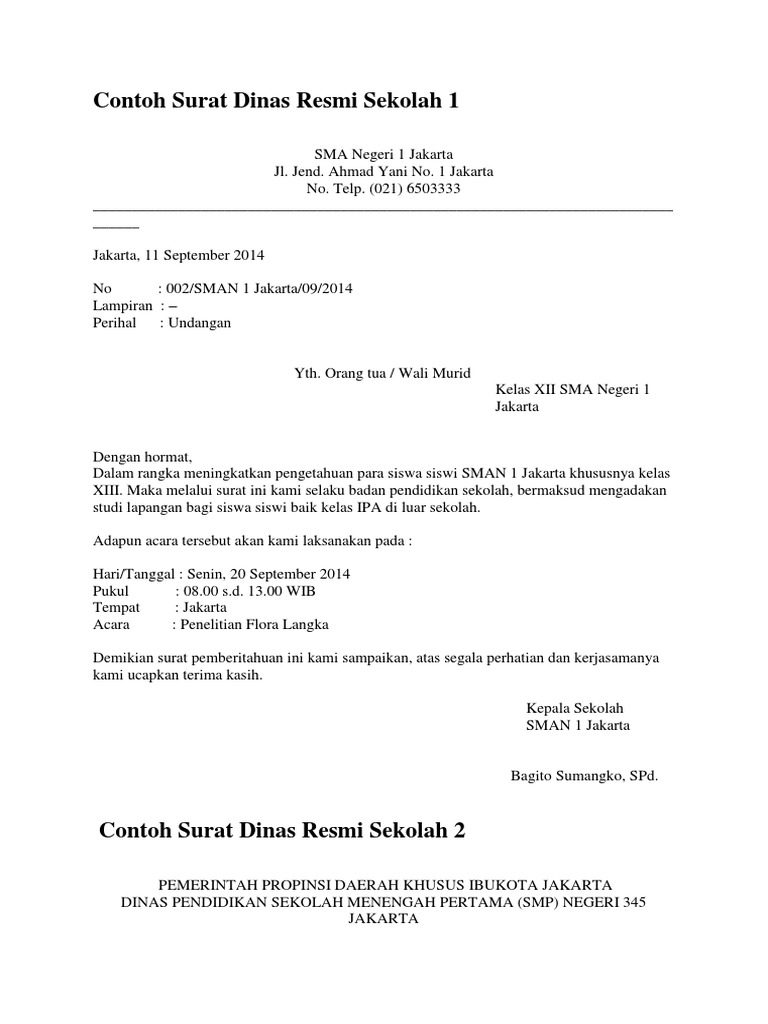Contoh Surat Dinas Resmi Sekolah 1