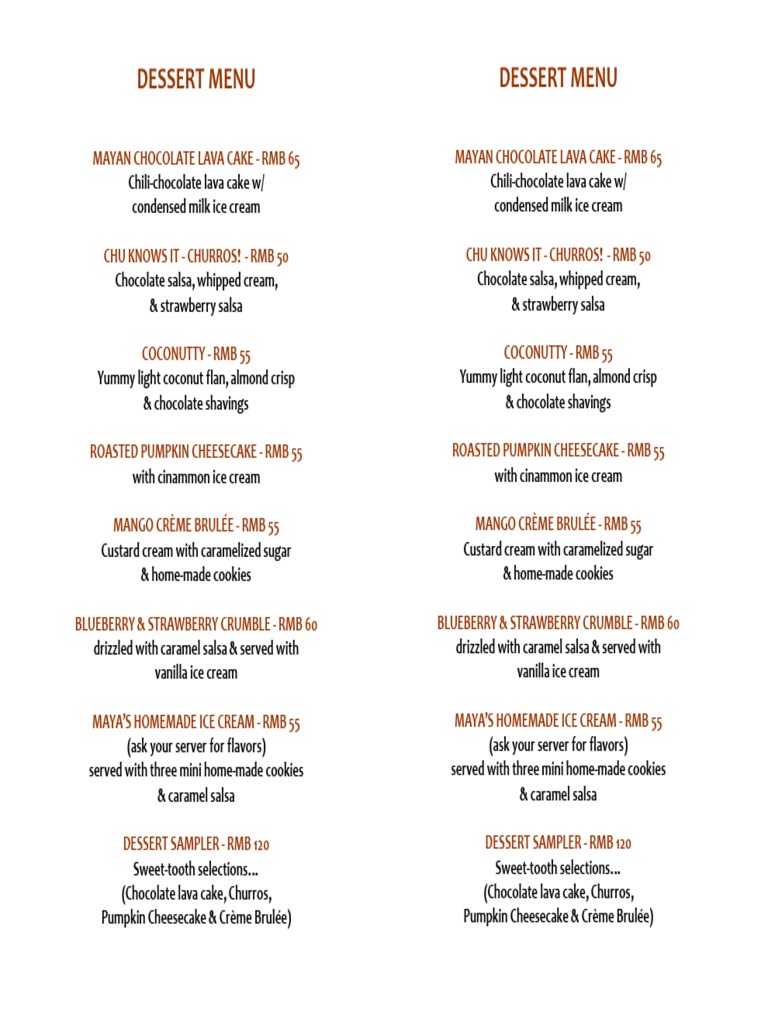 Restaurant Dessert Menu Selections | PDF | Cheesecake | Desserts