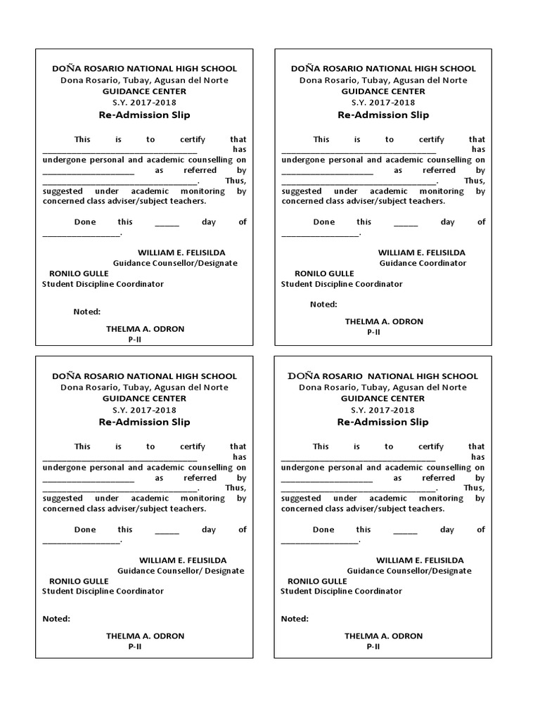 Re Admission Slip Educational Personnel School Counselor