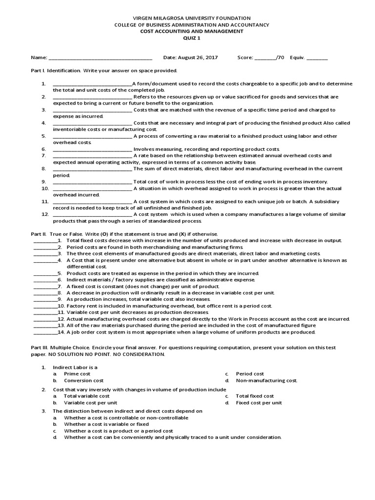 Cost Accounting Quiz 1 PDF Cost Of Goods Sold Cost