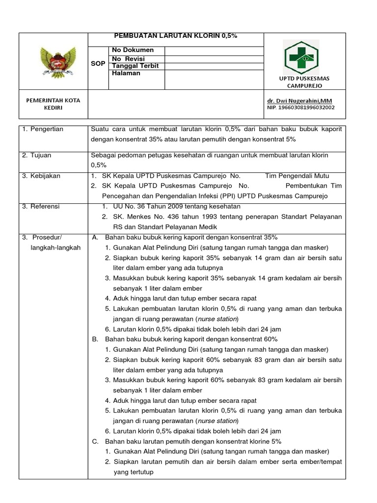 SOP Pembuatan Larutan Klorin 0,5% | PDF
