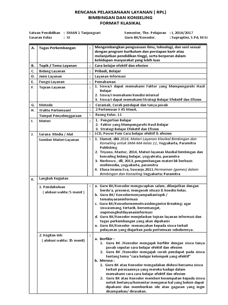Rencana Pelaksanaan Layanan BK Kelas XI | PDF | Karier & Perkembangan ...
