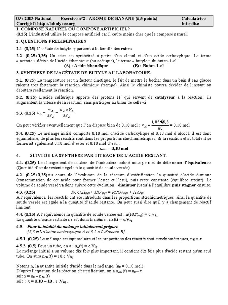 Synthèse De L Arome De Banane Corrigé 2003 09 National Correction Exo2 Banane 6 5pts | PDF | Acide acétique |  Ester