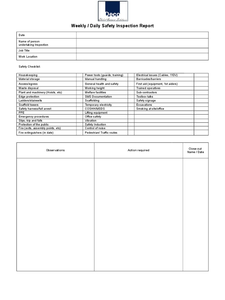 Weekly Safety Insp | PDF | Prevention | Safety