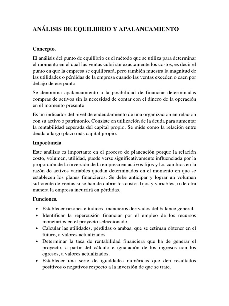 Análisis de Equilibrio y Apalancamiento | PDF | Apalancamiento ...