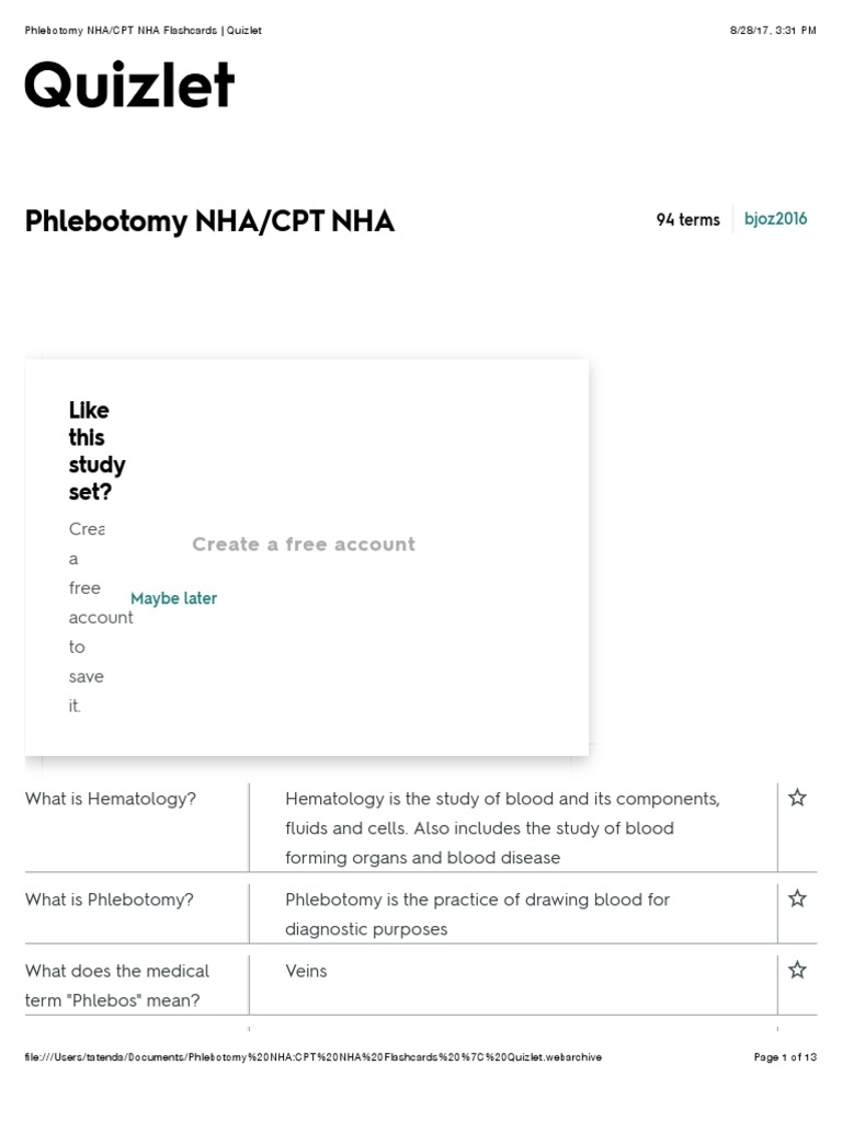 Phlebotomy NHACPT NHA Flashcards Quizlet PDF White Blood Cell