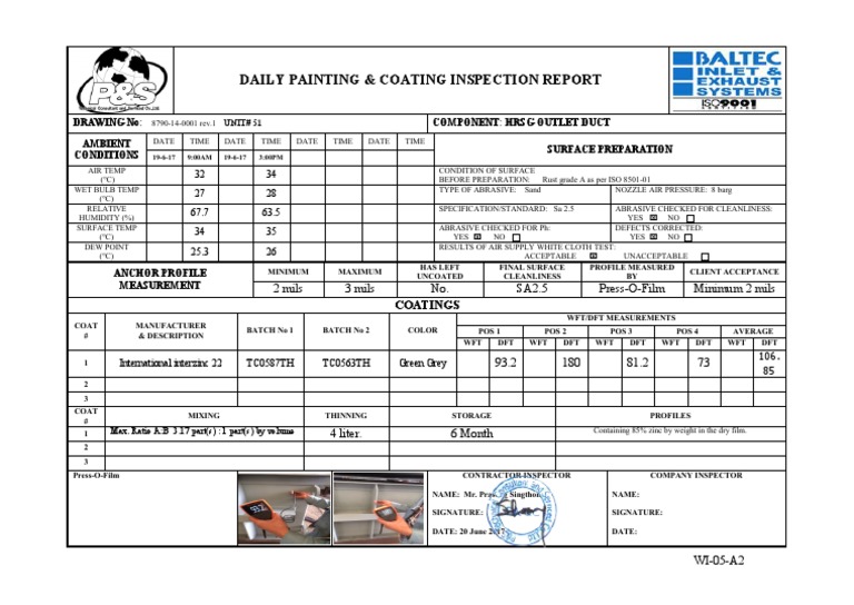 Daily Painting & Inspection Report (WI05A2)170&Pipe 1 Mechanical