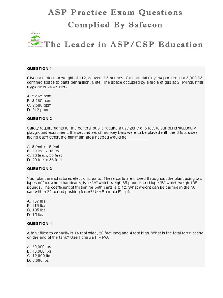ASP Practice Exam Questions PDF Pounds Per Square Inch Liquefied