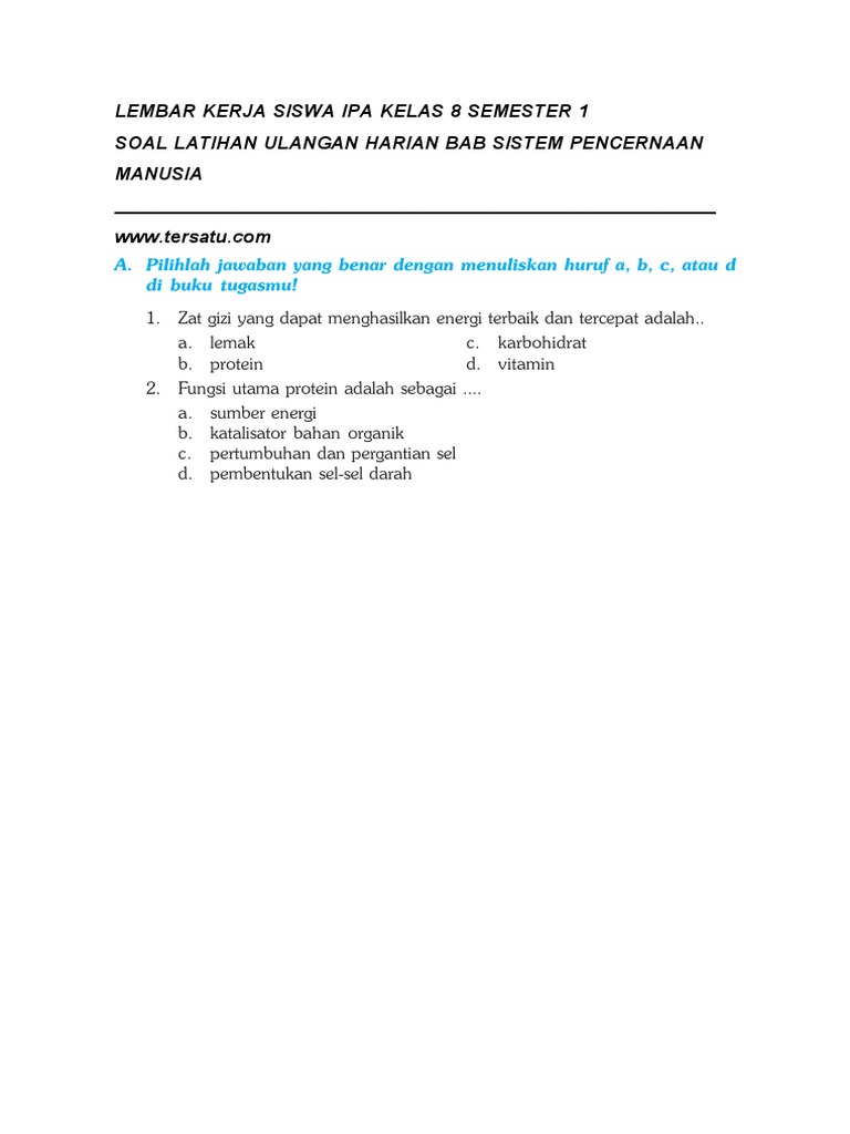 Soal Uh Ipa Kelas 8 Bab Sistem Percernaan Pada Manusia Semester 1