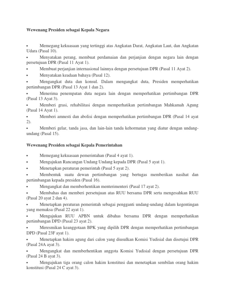 Tugas Dan Wewenang Presiden Sebagai Kepala Negara Dan Kepala Pemerintahan Dengan