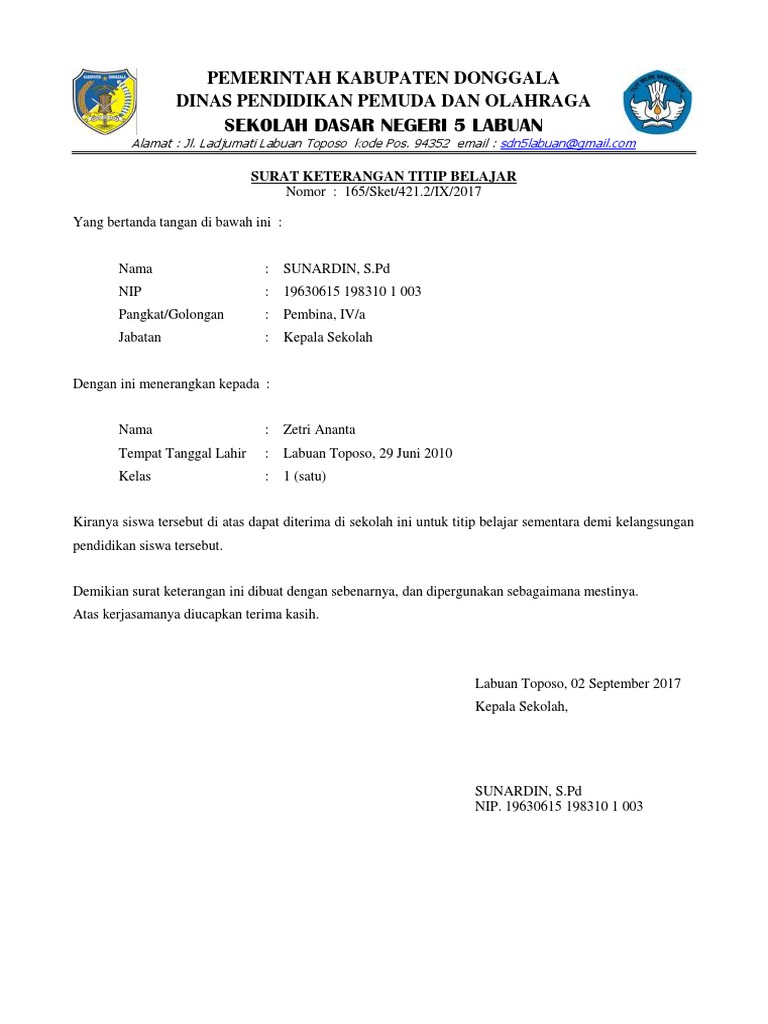 Surat Keterangan Titip Belajar
