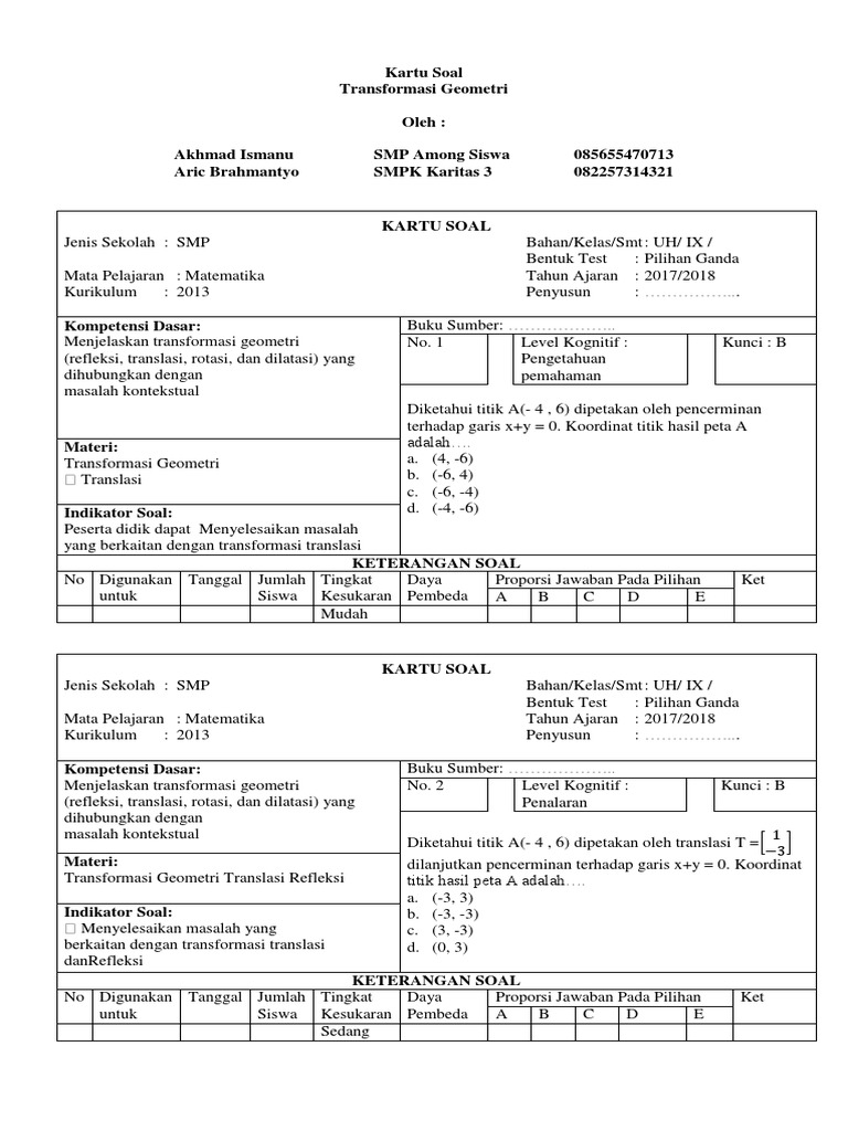Kartu Soal Transformasi Geometri