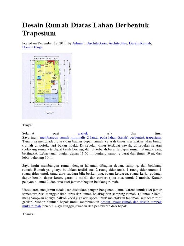 Desain Rumah Diatas Lahan Berbentuk Trapesium