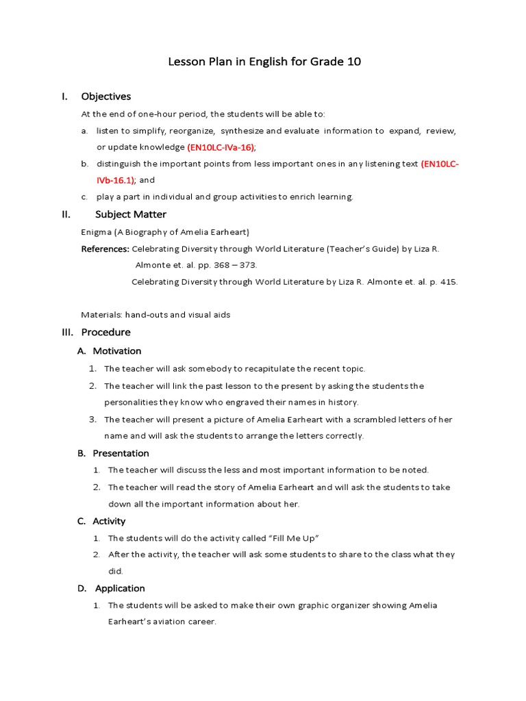 Lesson Plan in English For Grade 10 Rizal January 26 2016 | PDF ...