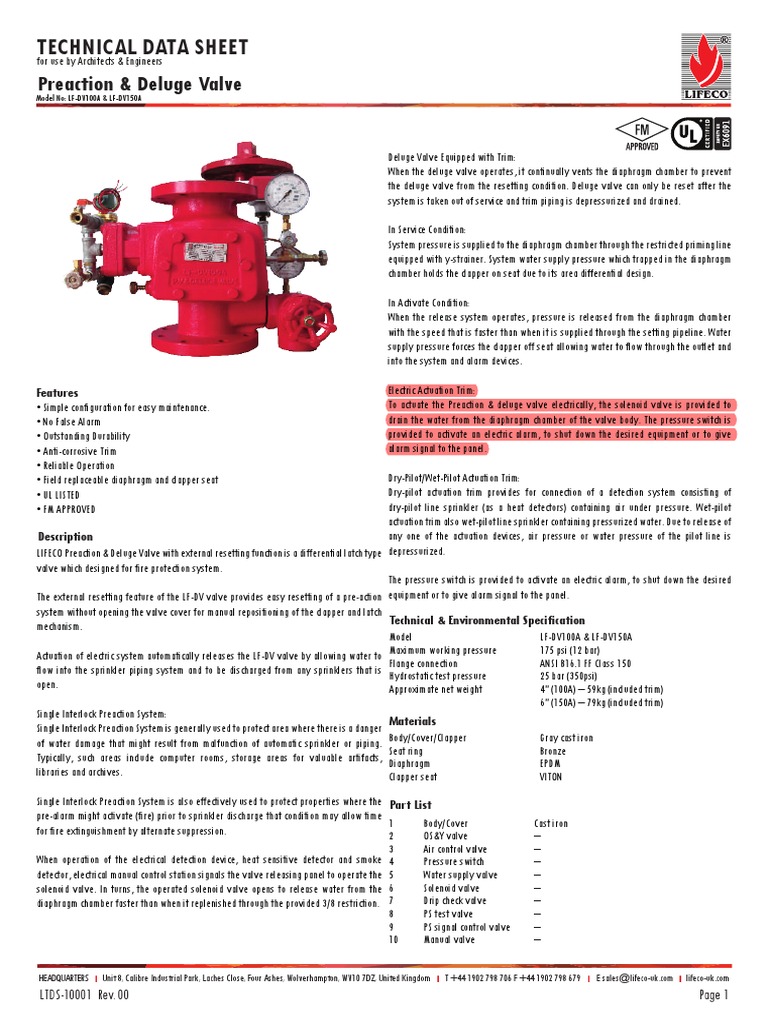 Deluge Valve Technical Data Sheet | PDF | Fire Sprinkler System | Valve