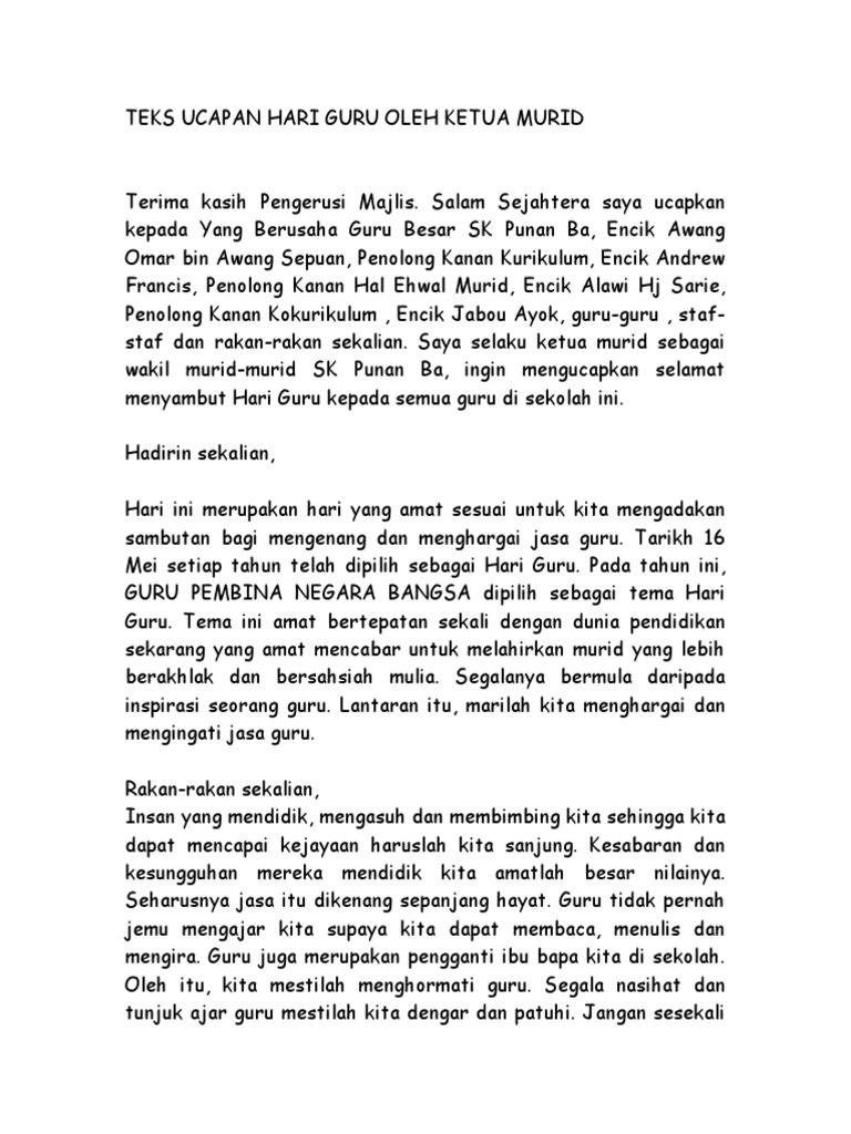 TEKS UCAPAN HARI GURU OLEH KETUA MURIDA.doc