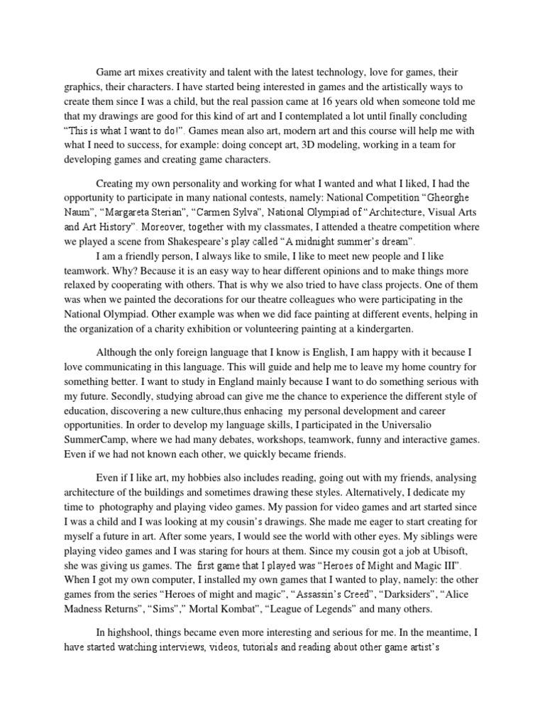Personal Statement PDF Video Games Paintings