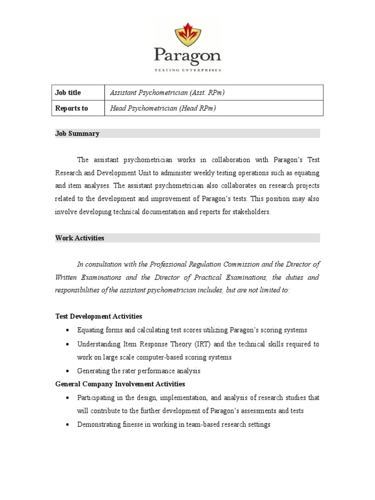 Job Description Sample Psychometrics Test (Assessment)