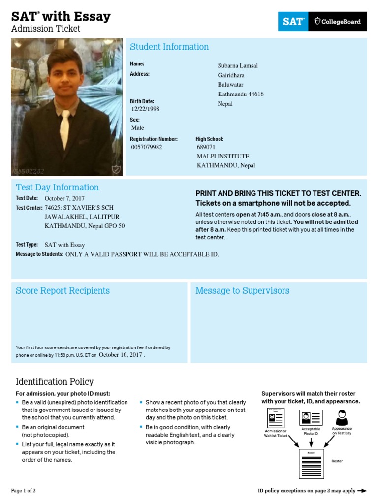 Sat admission ticket doesn't have photo image