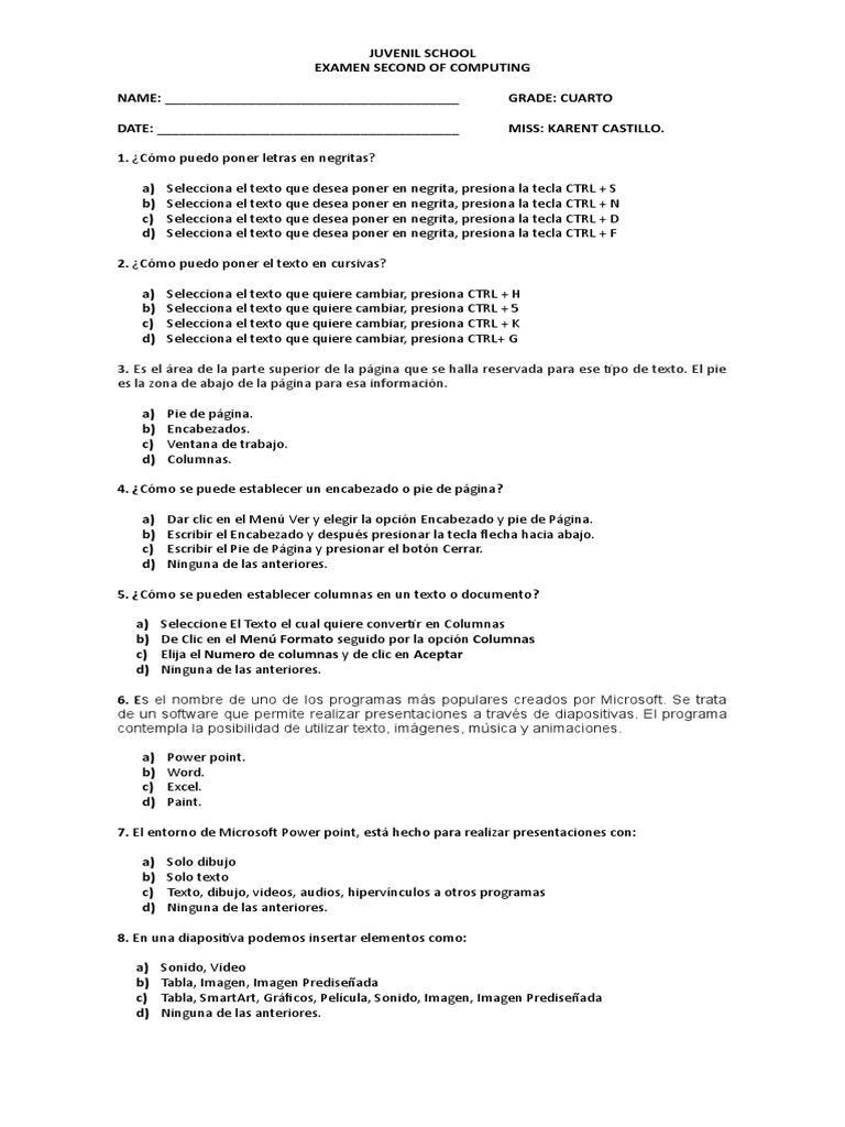 Examen de Computación para Cuarto Grado | PDF | Microsoft PowerPoint ...