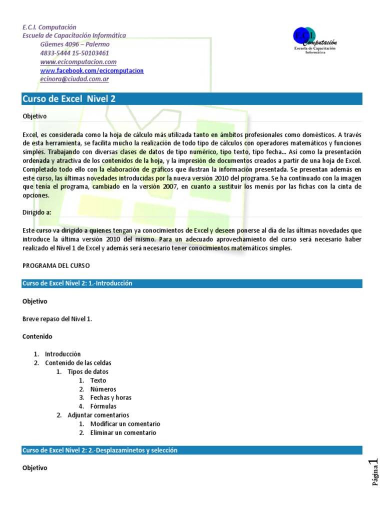 Curso Avanzado de Excel Nivel 2 | PDF | Microsoft Excel | Hoja de cálculo