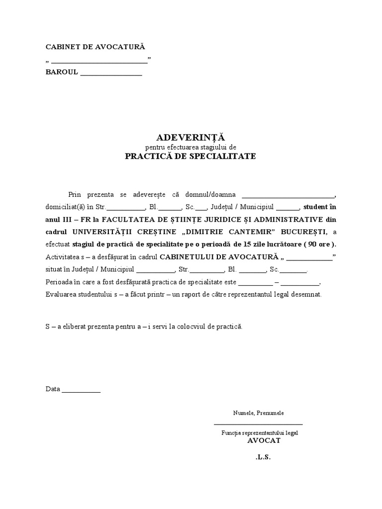 Adeverinta Practica De Specialitate Drept