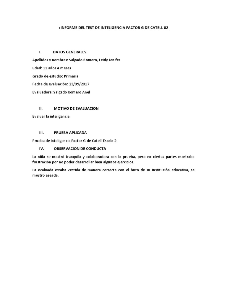 Informe de Inteligencia Cattell 02: Leidy Jenifer | PDF | Cociente de ...