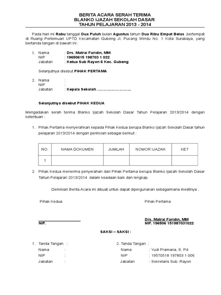 Contoh Berita Acara Serah Terima Cek Contoh Surat Dan Format