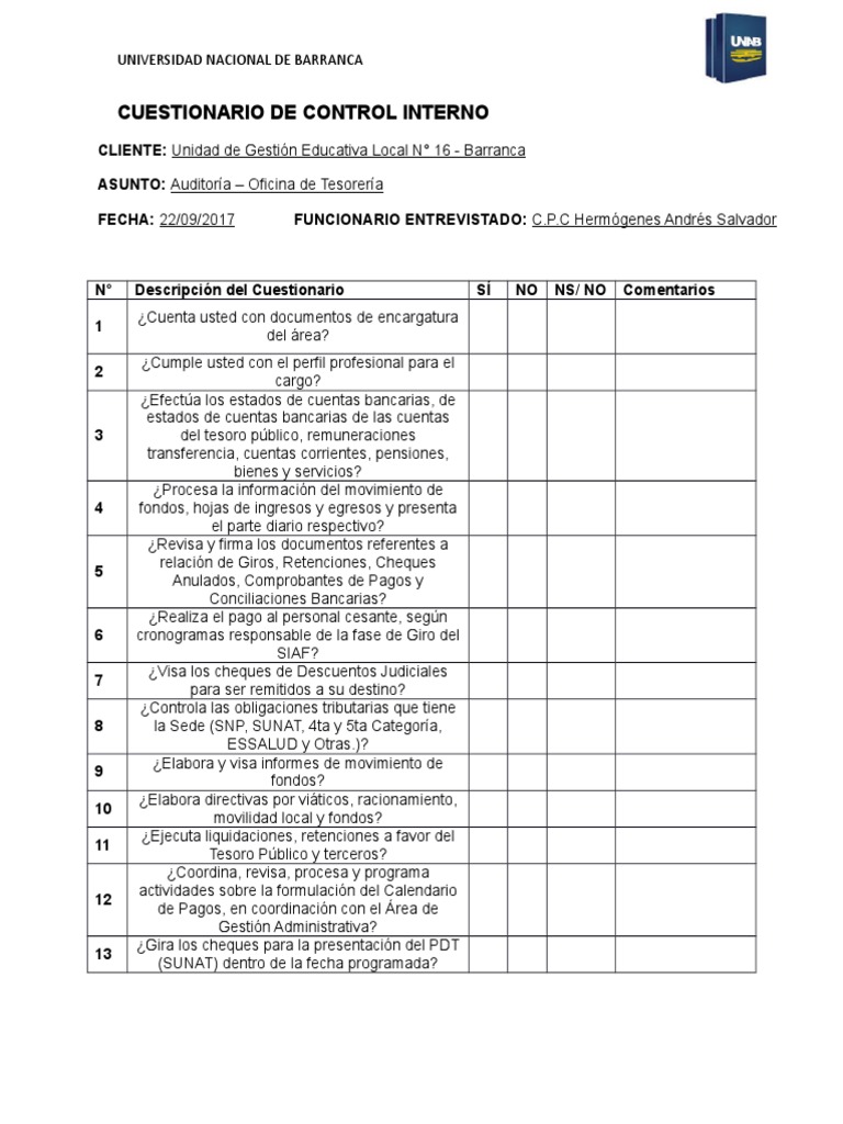 Cuestionario de Control Interno | Recursos humanos | Calidad (comercial)