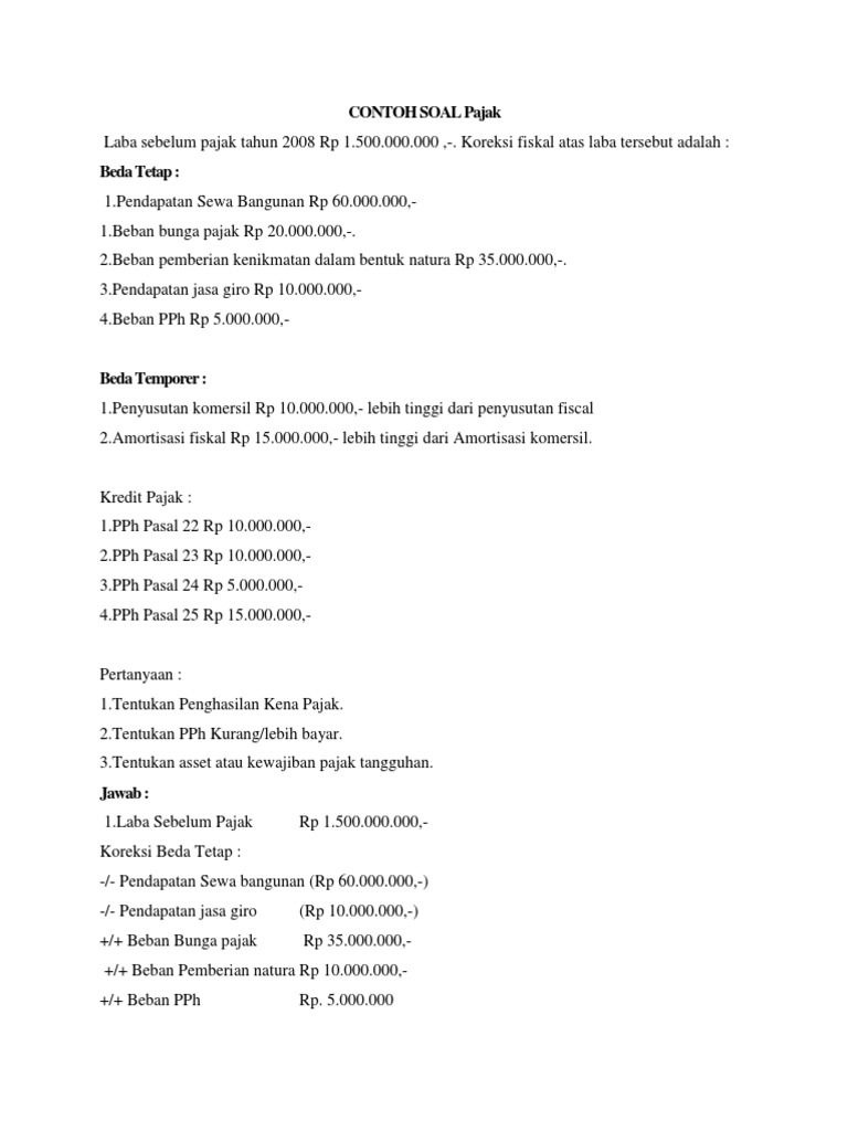 Contoh Soal Pajak Tangguhan Dikdasmen