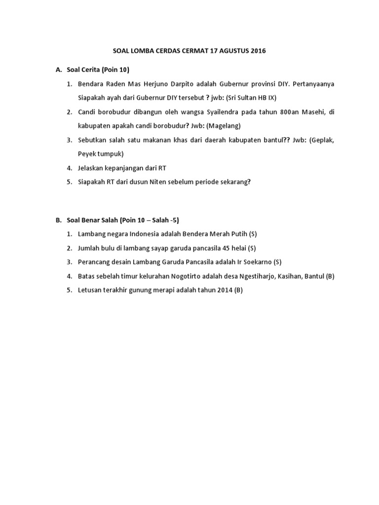 Soal Lomba Cerdas Cermat 17 Agustus 2016