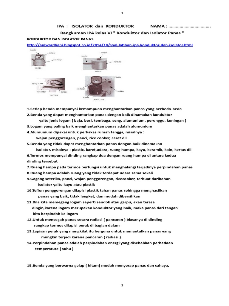 Alat Rumah Tangga Yang Bersifat Konduktor Dan Isolator 