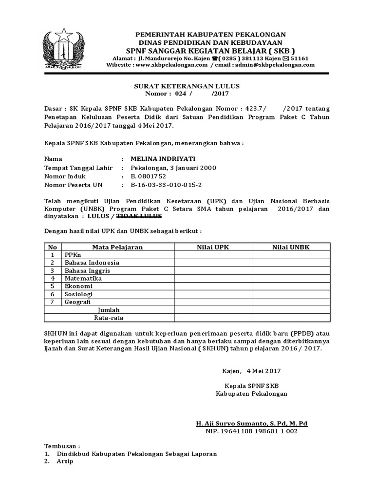 Surat Keterangan Lulus Paket C