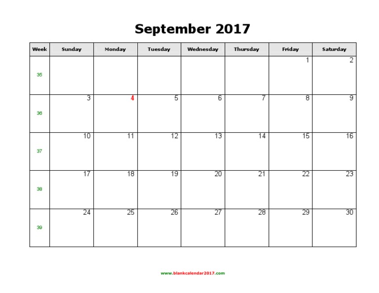 September 2017 Calendar Blank Landscape | PDF