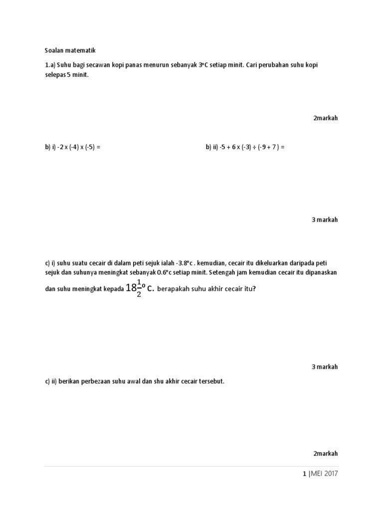 Soalan Matematik Pertengahan Tahun f2 | PDF