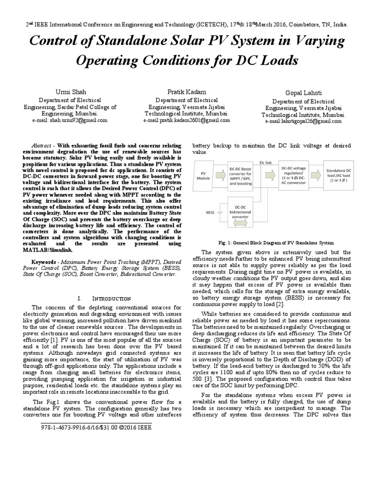 Control of Standalone Solar PV System in Varying Operating Conditions ...
