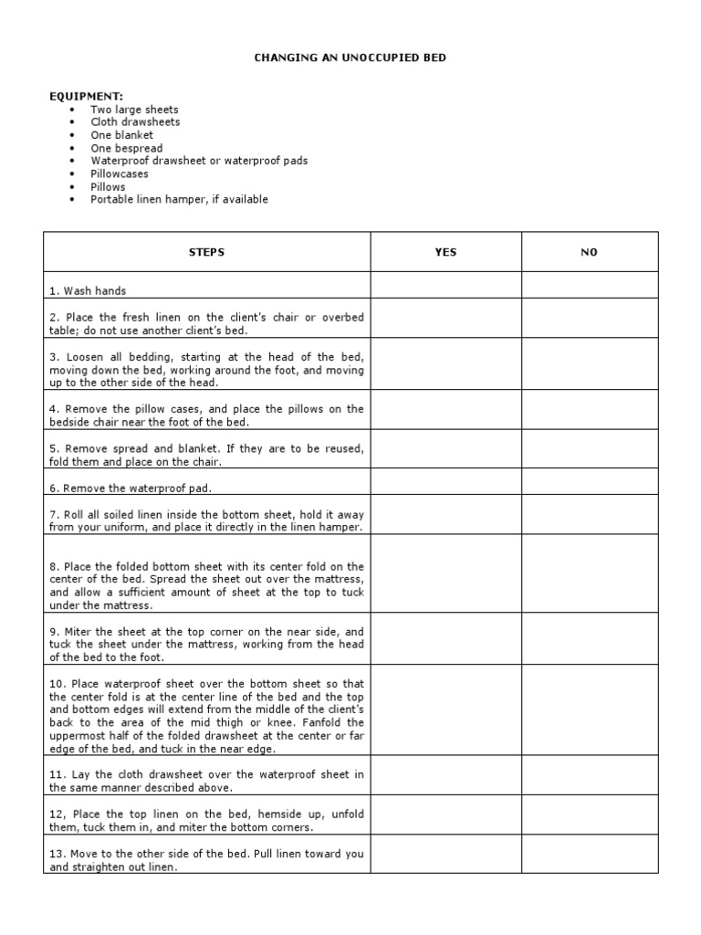 Changing an Unoccupied Bed Checklist Bed Pillow