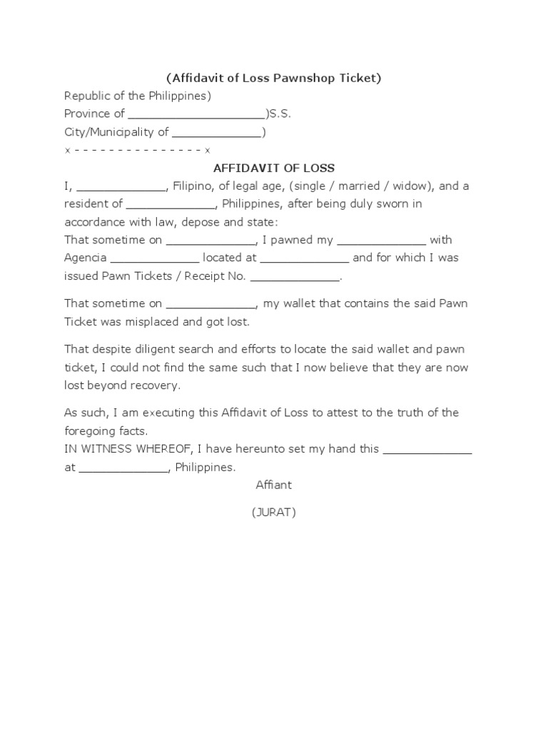 affidavit of loss pawnbroker affidavit