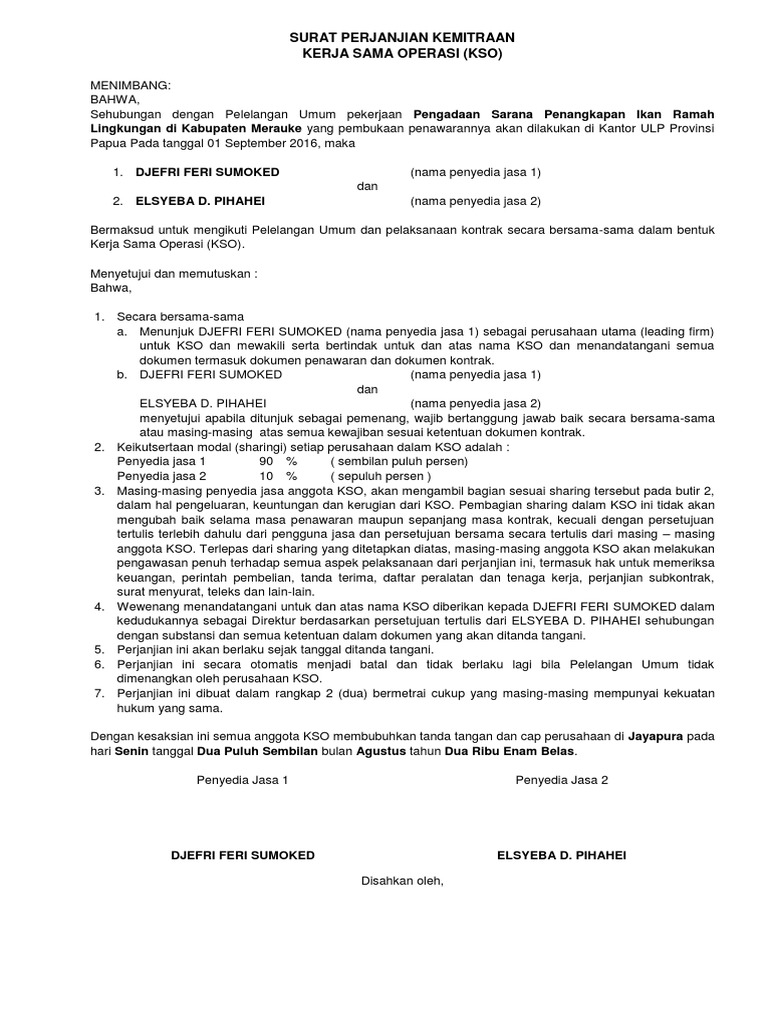 Surat Perjanjian Kemitraan Kso