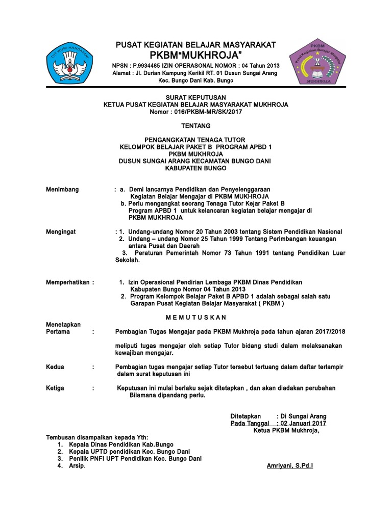 Kumpulan 10 Sk Tutor Pkbm 2020 Contoh Surat Pribadi Dan Surat Dinas Singkat