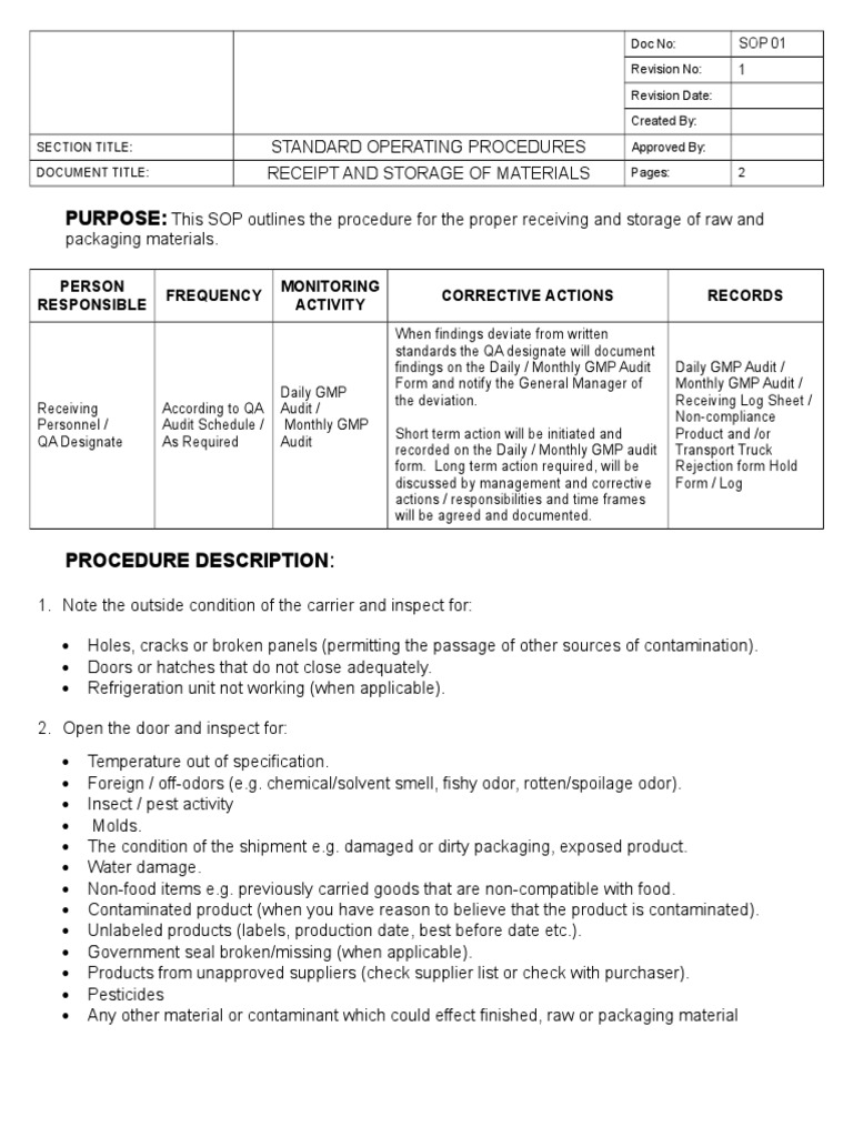 Sop Receiving And Storage Of Raw Materials Pdf Packag vrogue.co