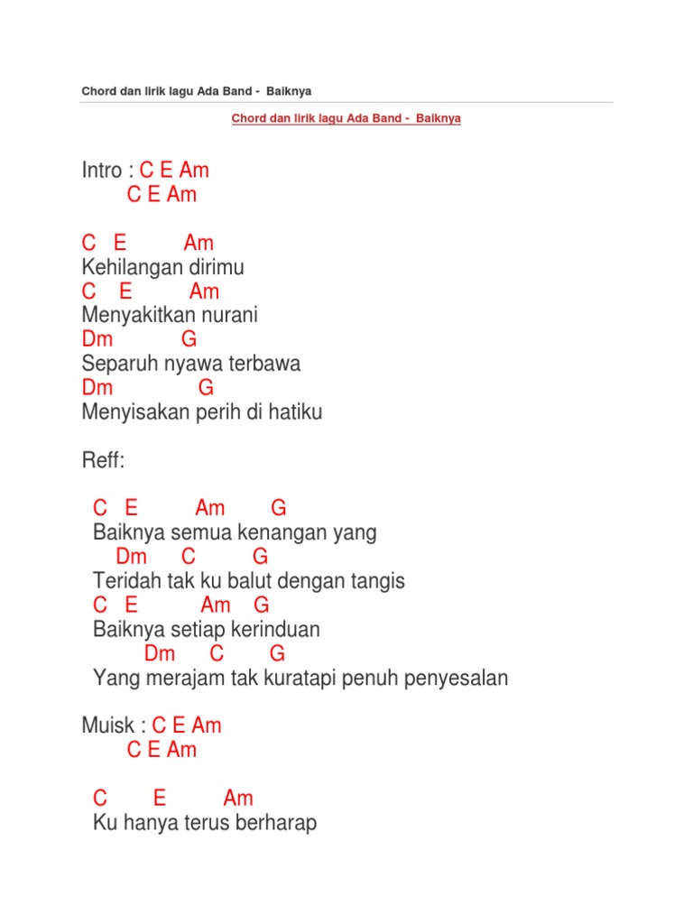 Chord Dan Lirik Lagu Ada Band Baiknya