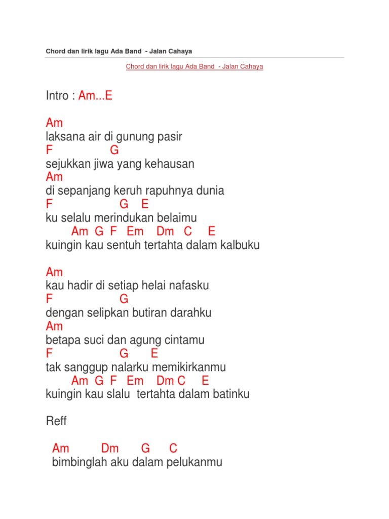 Chord Dan Lirik Lagu Ada Band Jalan Cahaya