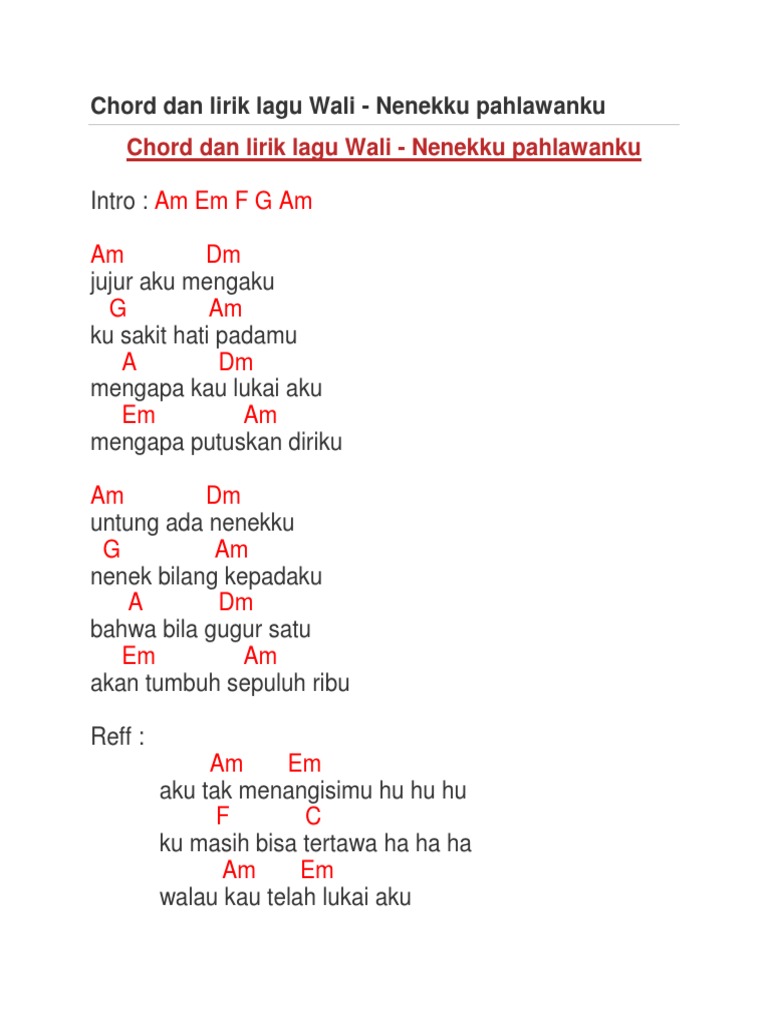 Chord Dan Lirik Lagu Wali Nenekku Pahlawanku