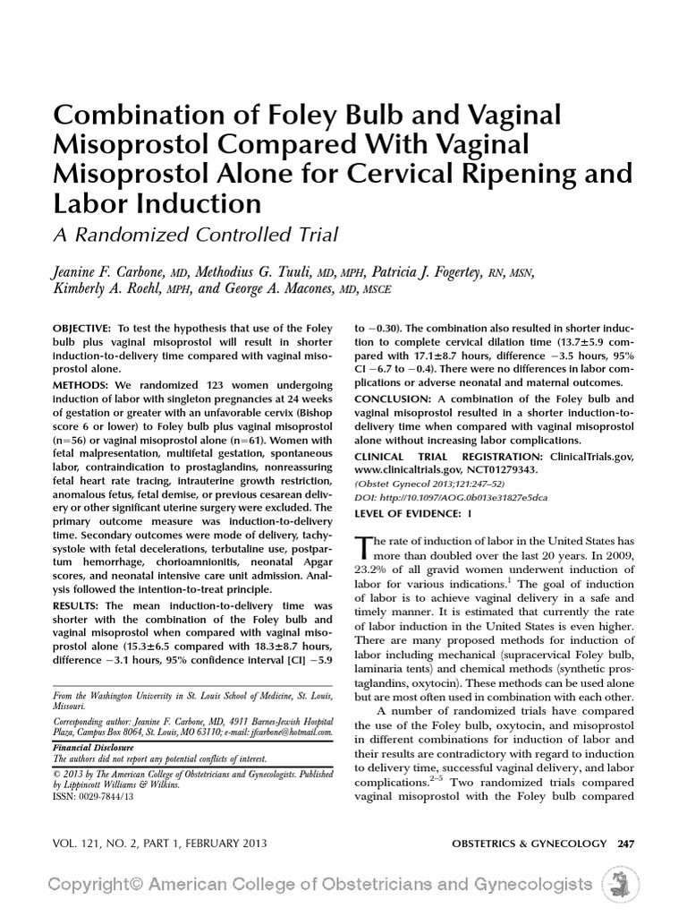 Combination of Foley Bulb and Vaginal Misoprostol PDF | PDF ...