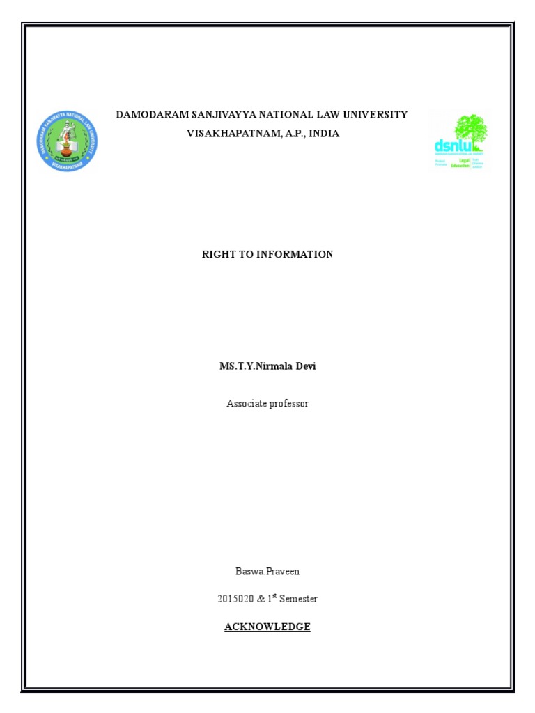 Dsnlu Vizag Law University Rti Act Overview Pdf Freedom Of