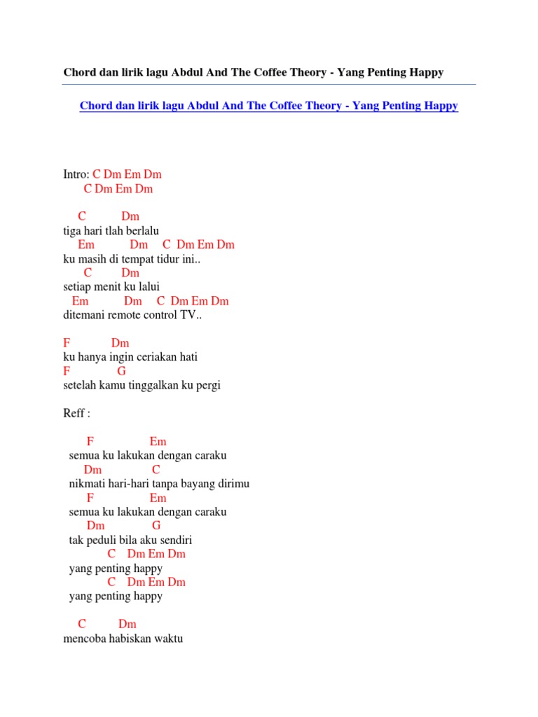 Chord Dan Lirik Lagu Abdul And The Coffee Theory Yang Penting Happy
