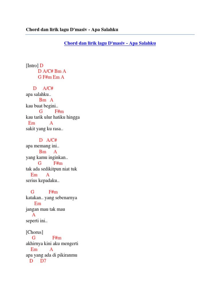 Chord Dan Lirik Lagu D Masiv Apa Salahku