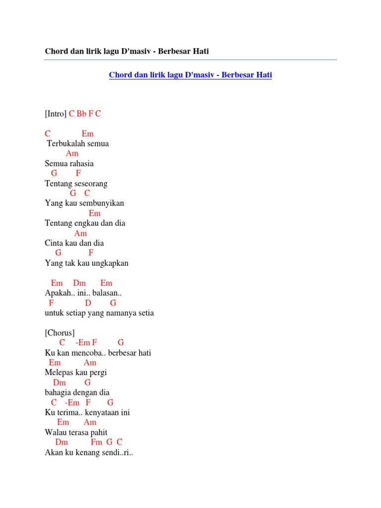 Chord Dan Lirik Lagu D Masiv Berbesar Hati Play rahasia hati chords using simple video lessons. chord dan lirik lagu d masiv berbesar