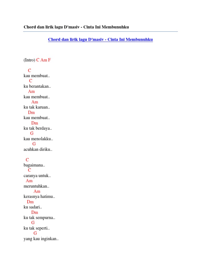 Chord Dan Lirik Lagu D Masiv Cinta Ini Membunuhku Pdf